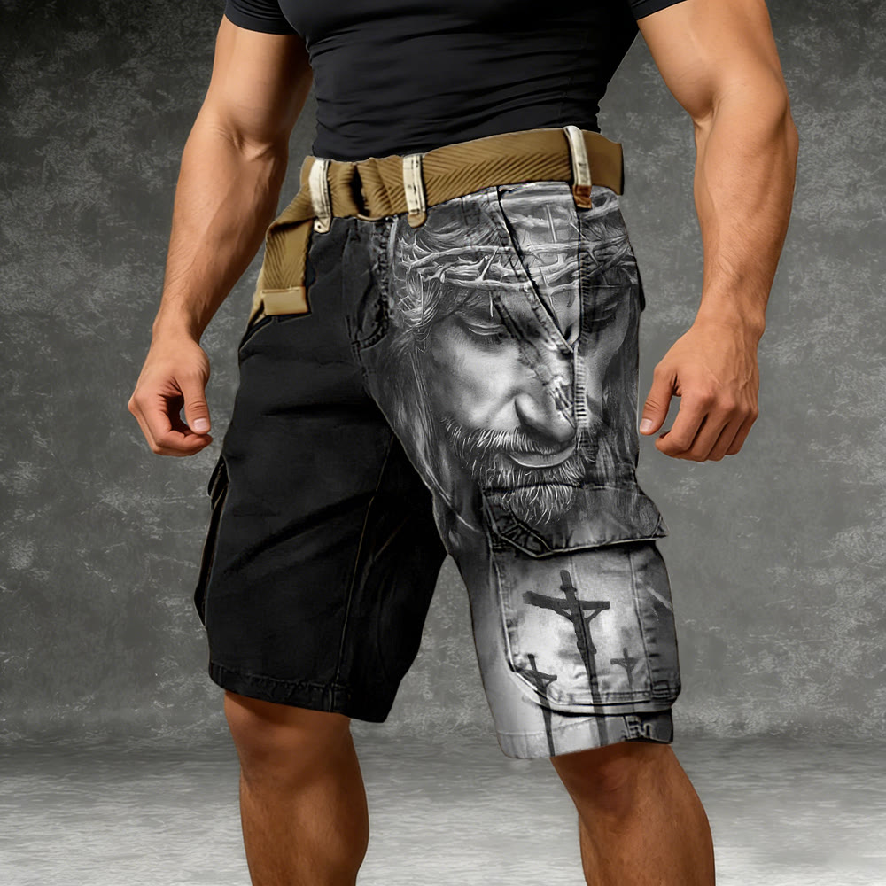 Christianartworkshop Vintage Black & White Crown of Thorns Jesus Cargo Shorts - image 1