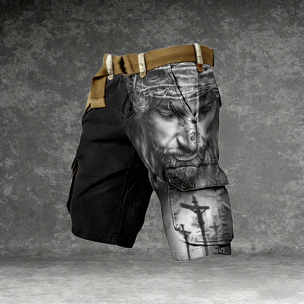 Christianartworkshop Vintage Black & White Crown of Thorns Jesus Cargo Shorts - 5XL - image 0