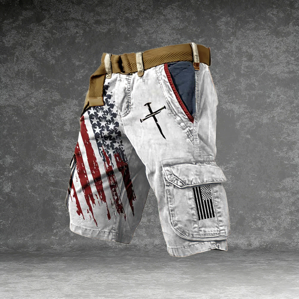 Christianartworkshop Vintage Nail Cross & USA Flag Cargo Shorts - White - 5XL - image 0