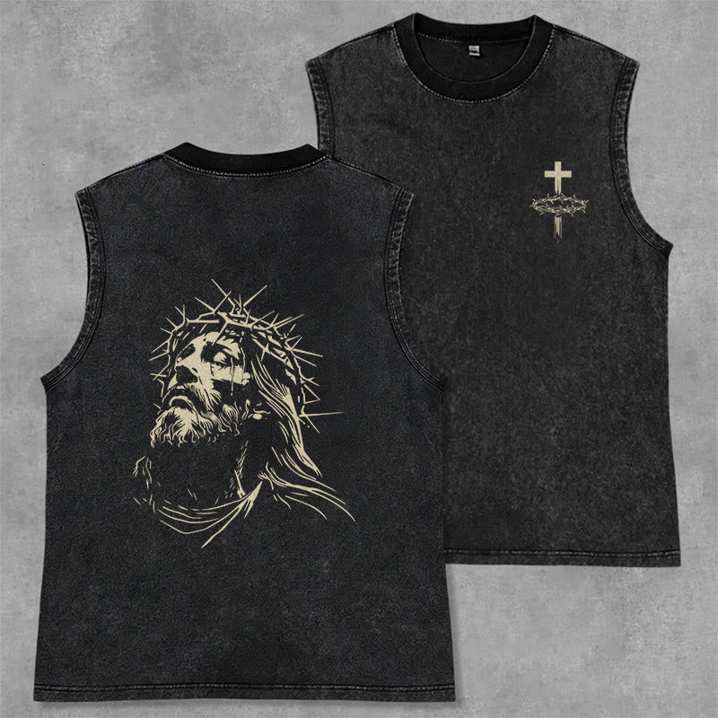 Christianartworkshop Vintage Crown of Thorns Jesus Unisex Washed Tank Top - Black - 2XL - image 1