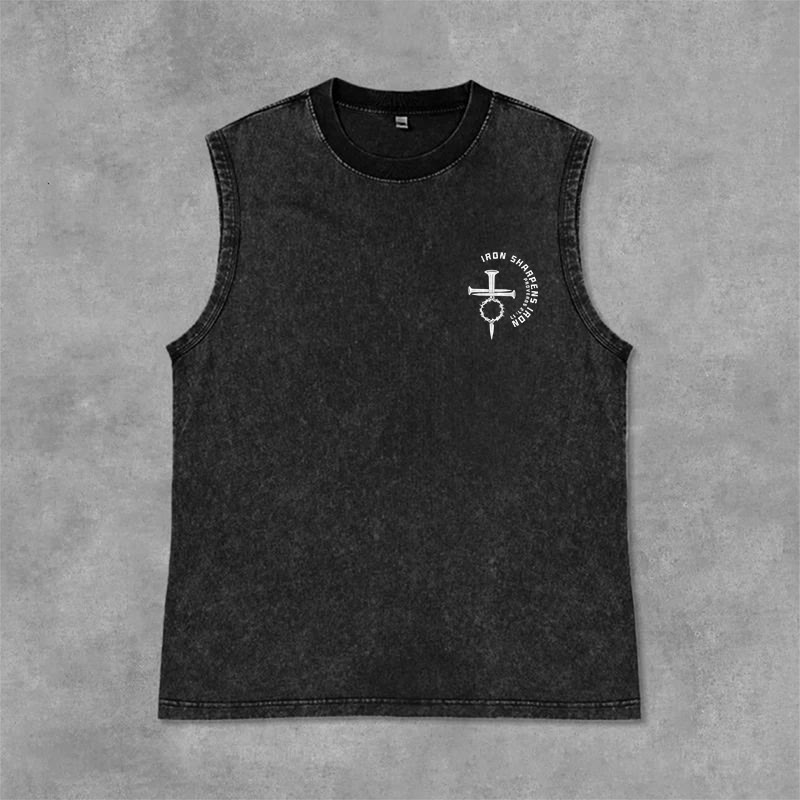 Christianartworkshop Proverbs 27:17 Nail Cross Unisex Washed Tank Top - image 7