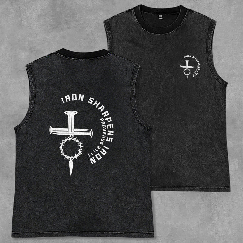 Christianartworkshop Proverbs 27:17 Nail Cross Unisex Washed Tank Top - Black - 2XL - image 0