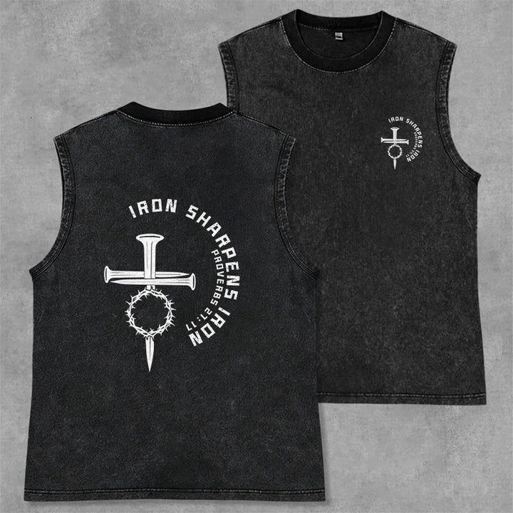 Christianartworkshop Proverbs 27:17 Nail Cross Unisex Washed Tank Top - Black - 2XL - image 1