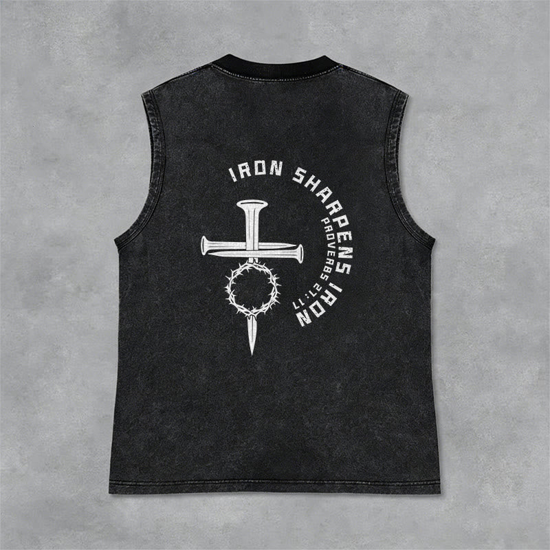 Christianartworkshop Proverbs 27:17 Nail Cross Unisex Washed Tank Top - image 6