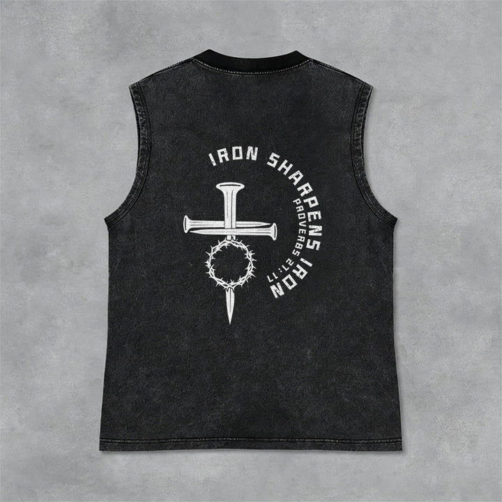 Christianartworkshop Proverbs 27:17 Nail Cross Unisex Washed Tank Top - image 6