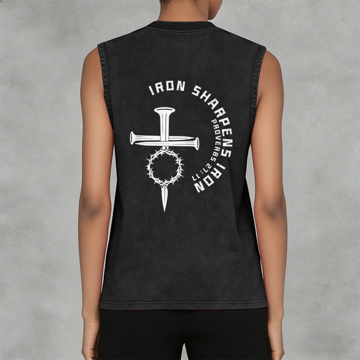 Christianartworkshop Proverbs 27:17 Nail Cross Unisex Washed Tank Top - image 4