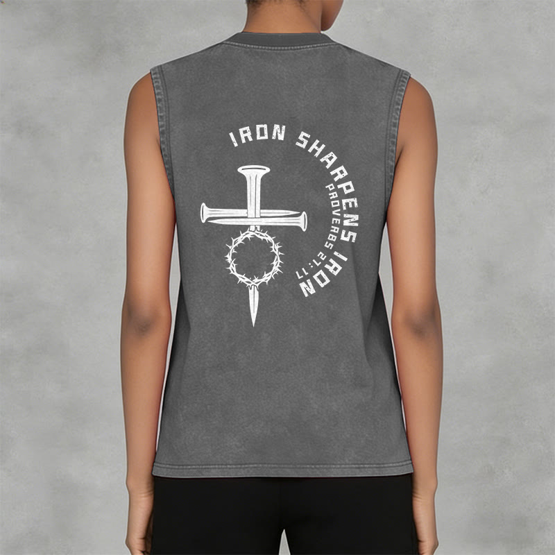 Christianartworkshop Proverbs 27:17 Nail Cross Unisex Washed Tank Top - image 11