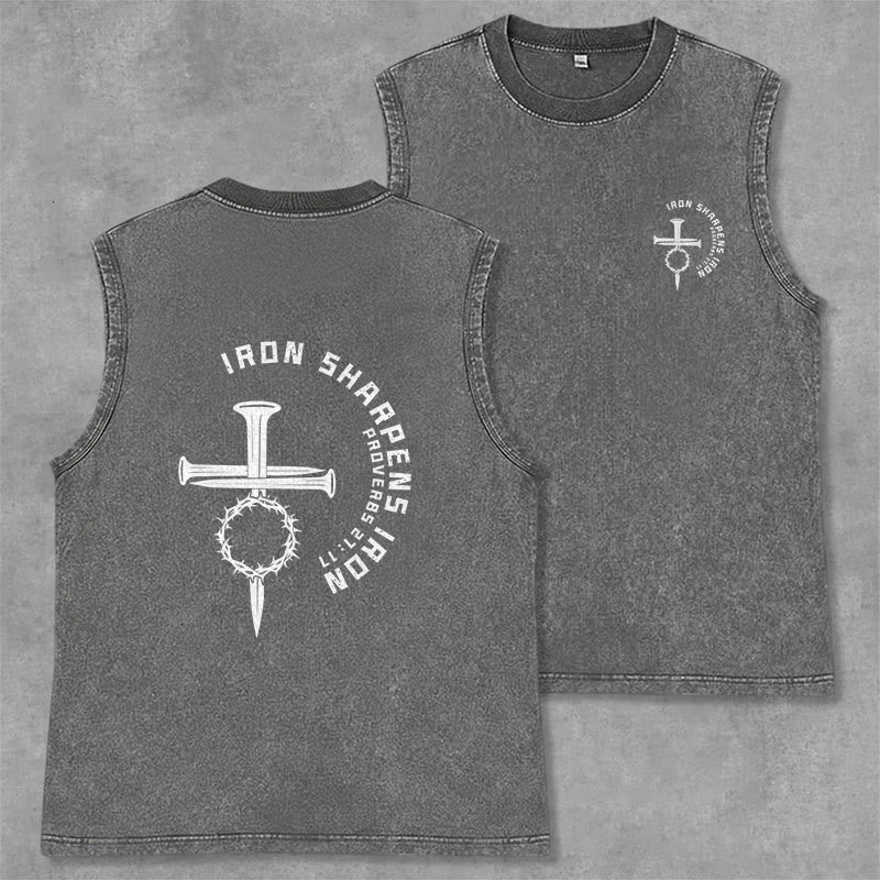 Christianartworkshop Proverbs 27:17 Nail Cross Unisex Washed Tank Top - Grey - 2XL - image 8