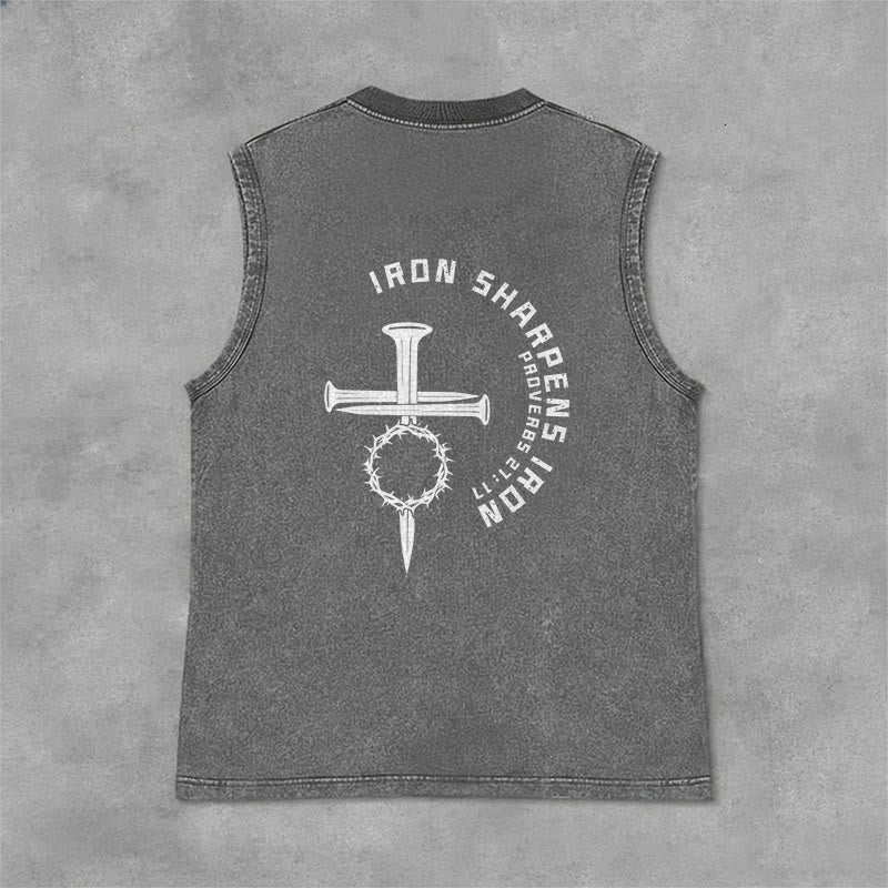 Christianartworkshop Proverbs 27:17 Nail Cross Unisex Washed Tank Top - image 13