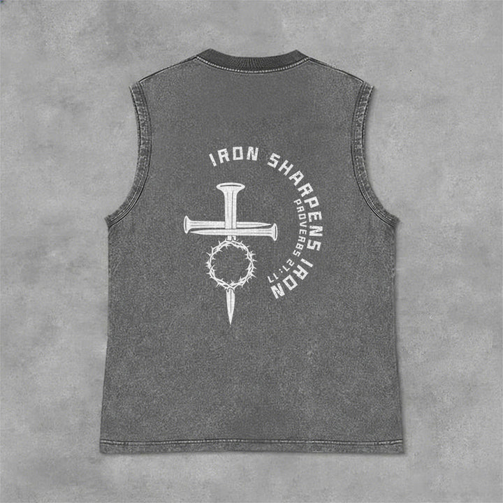 Christianartworkshop Proverbs 27:17 Nail Cross Unisex Washed Tank Top - image 13