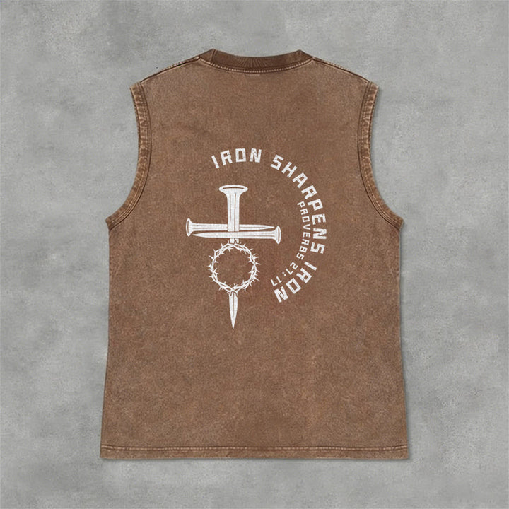 Christianartworkshop Proverbs 27:17 Nail Cross Unisex Washed Tank Top - image 34