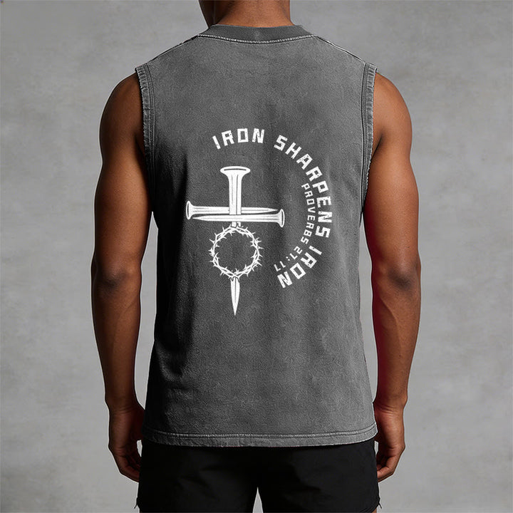 Christianartworkshop Proverbs 27:17 Nail Cross Unisex Washed Tank Top - image 9