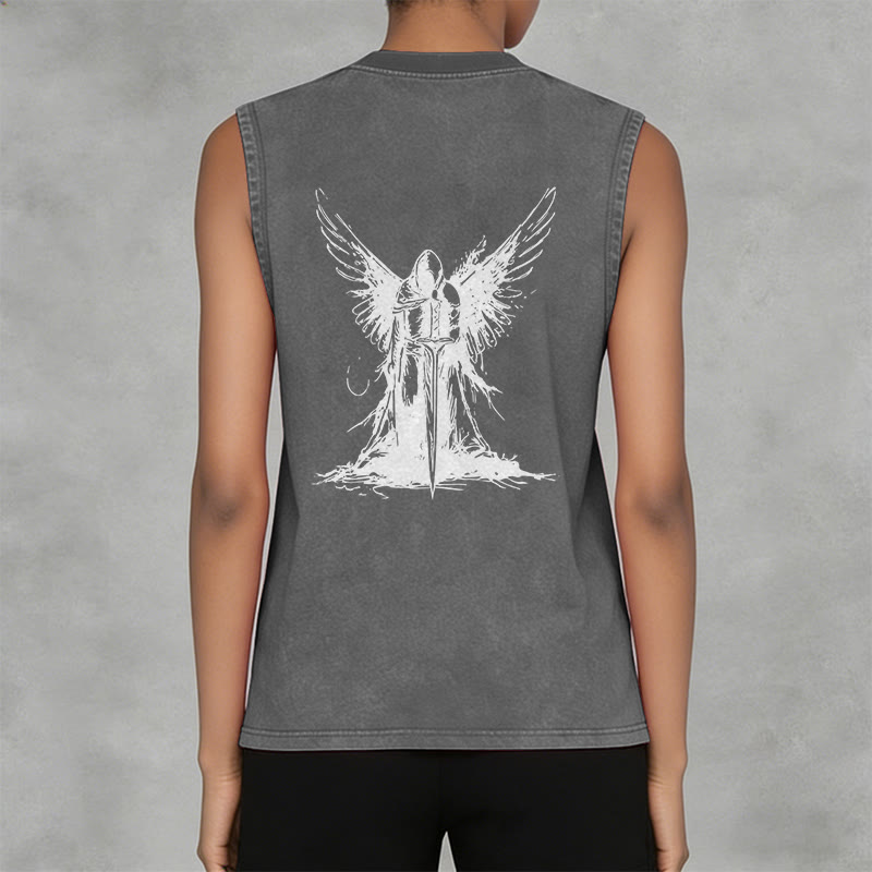 Christianartworkshop Warrior Angel With Sword Unisex Washed Tank Top - image 3
