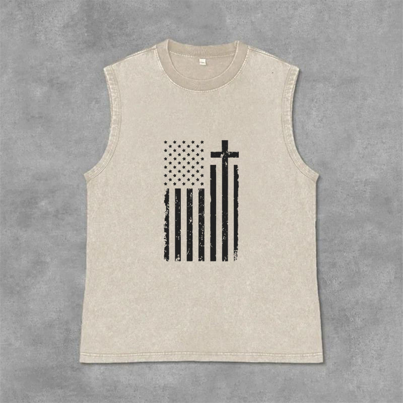 Christianartworkshop American Flag & Cross Patriotic Washed Tank Top - Beige - 2XL - image 9