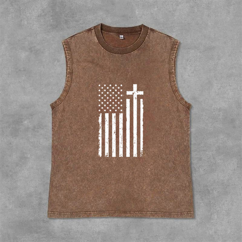 Christianartworkshop American Flag & Cross Patriotic Washed Tank Top - Brown - 2XL - image 0