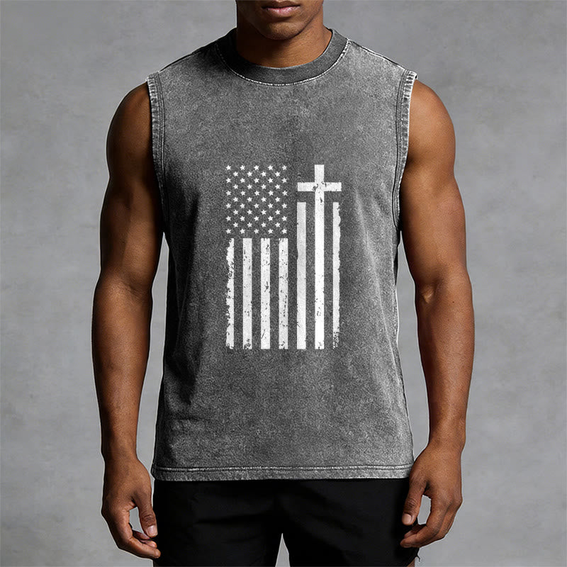 Christianartworkshop American Flag & Cross Patriotic Washed Tank Top - image 7