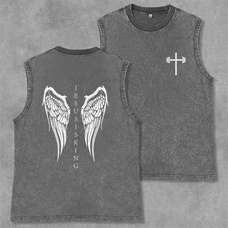Christianartworkshop Jesus Is King Angel Wings Washed Tank Top - Grey - 2XL - image 8