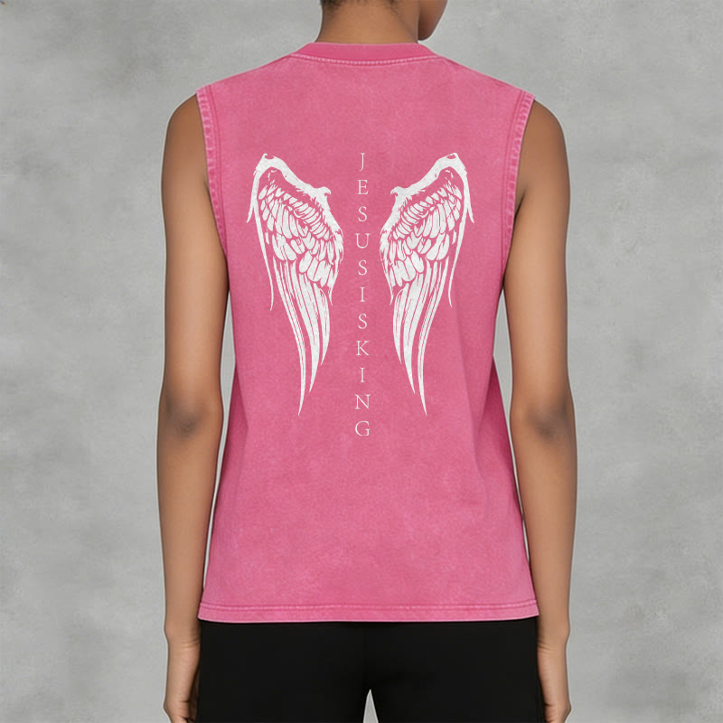 Christianartworkshop Jesus Is King Angel Wings Washed Tank Top - image 25
