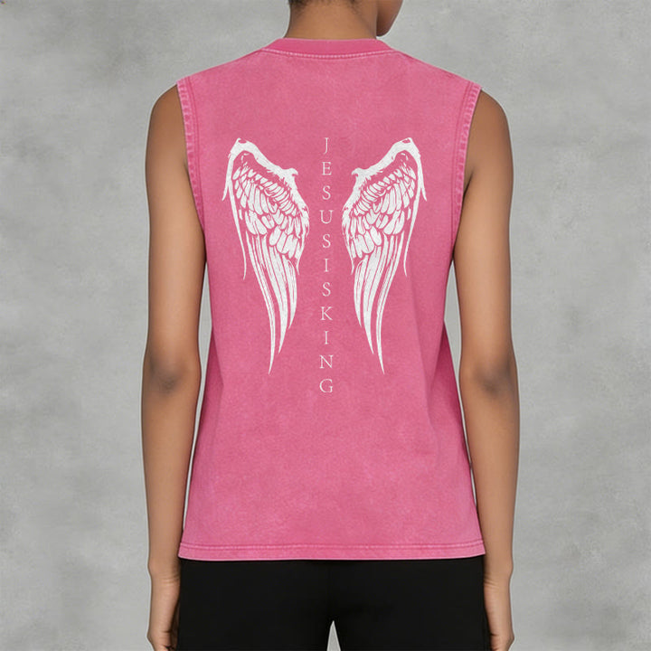 Christianartworkshop Jesus Is King Angel Wings Washed Tank Top - image 25
