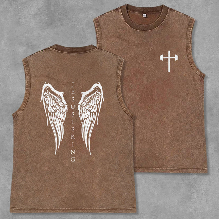 Christianartworkshop Jesus Is King Angel Wings Washed Tank Top - Brown - 2XL - image 29