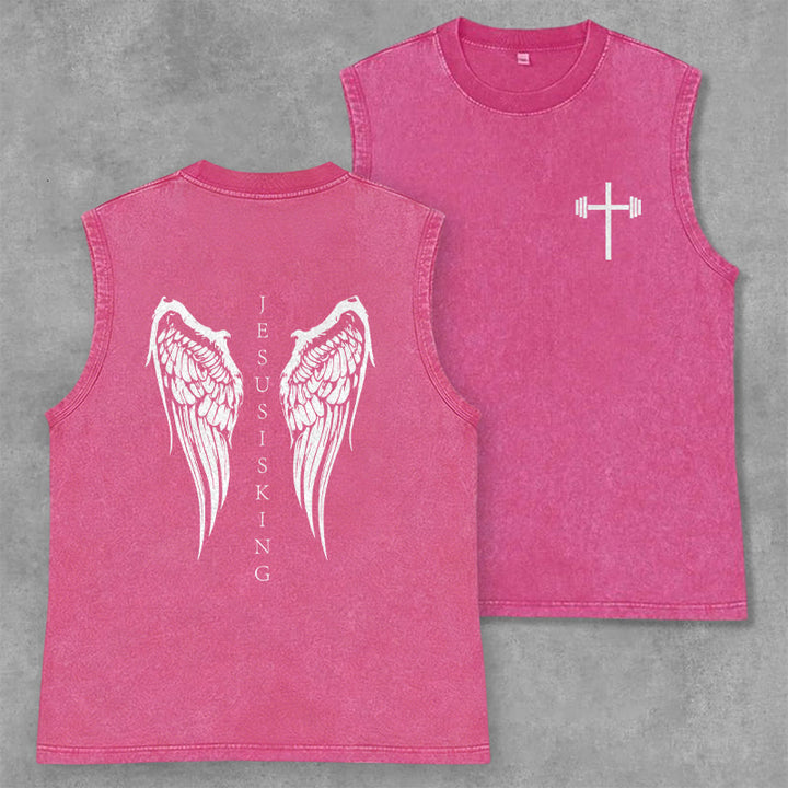 Christianartworkshop Jesus Is King Angel Wings Washed Tank Top - Pink - 2XL - image 22