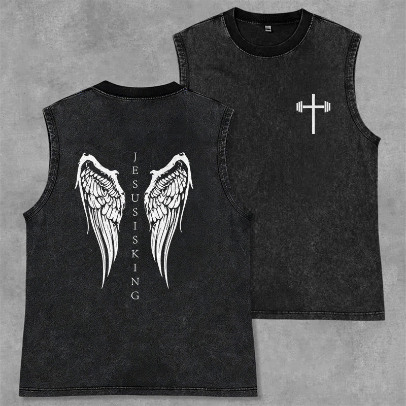 Christianartworkshop Jesus Is King Angel Wings Washed Tank Top - Black - 2XL - image 1