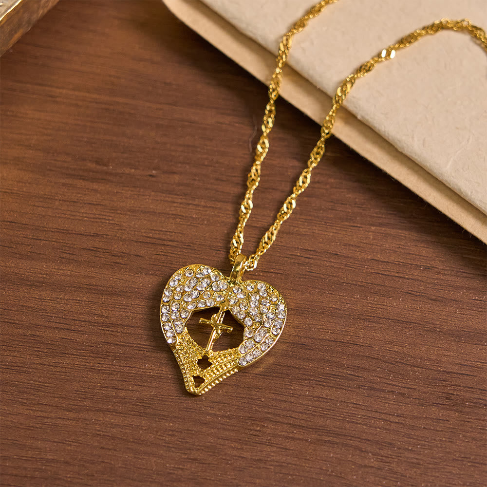 Christianartworkshop Zircon-Encrusted Heart Cross Necklace with Angel Wings: A Symbol of Divine Love & Grace - image 1