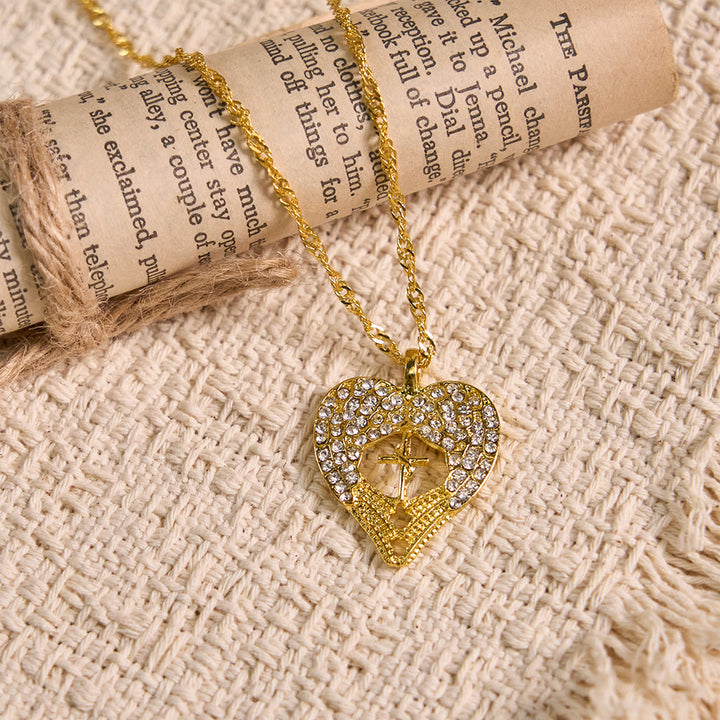 Christianartworkshop Zircon-Encrusted Heart Cross Necklace with Angel Wings: A Symbol of Divine Love & Grace - image 4