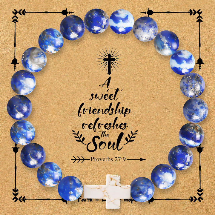 Christianartworkshop Natural Stone Cross Bracelet with Proverbs 27:9 Card: A Symbol of Divine Friendship & Grace - Lazurite - image 7