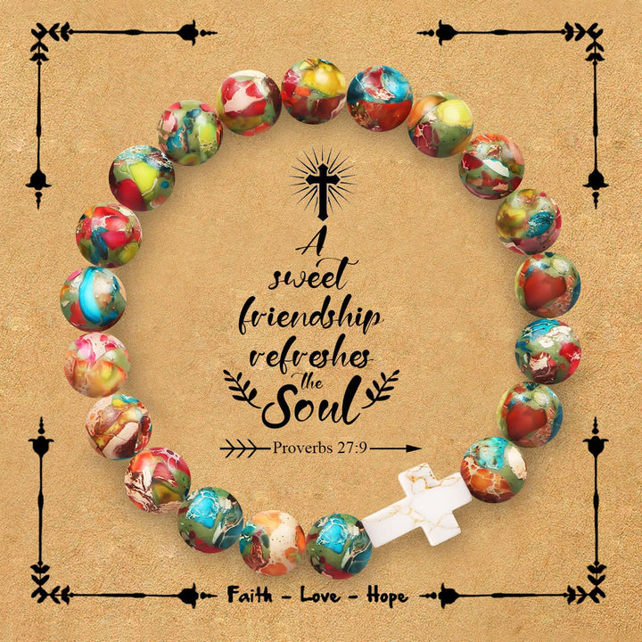 Christianartworkshop Natural Stone Cross Bracelet with Proverbs 27:9 Card: A Symbol of Divine Friendship & Grace - Emperor Stone - image 0