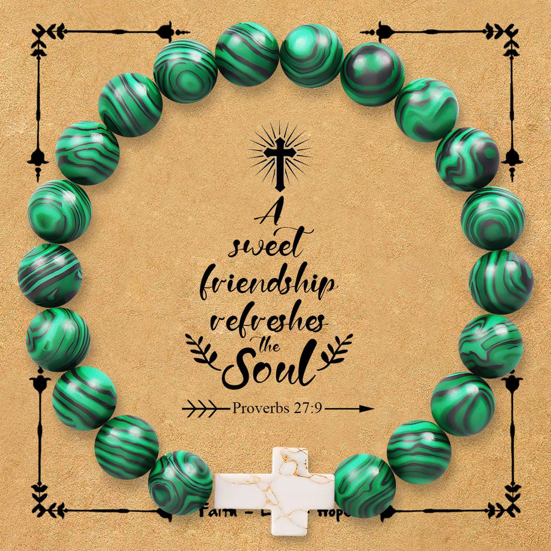 Christianartworkshop Natural Stone Cross Bracelet with Proverbs 27:9 Card: A Symbol of Divine Friendship & Grace - Malachite - image 5