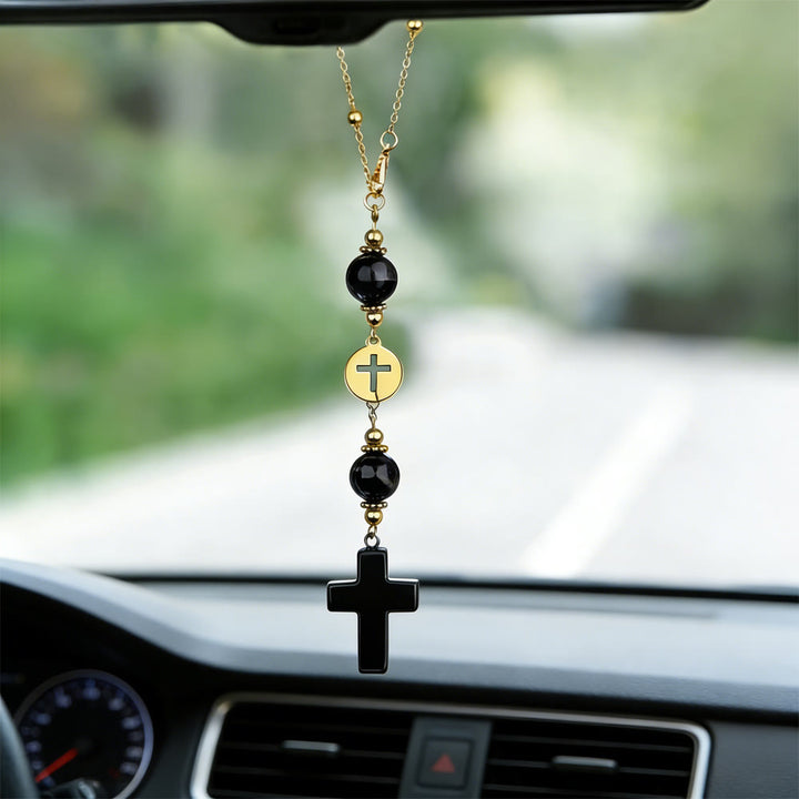 Christianartworkshop Natural Crystal Cross Car Pendant with Gold Bead Chain: A Sacred Accompaniment for Every Drive - Obsidian - image 15