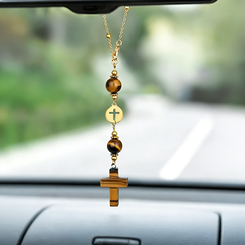 Christianartworkshop Natural Crystal Cross Car Pendant with Gold Bead Chain: A Sacred Accompaniment for Every Drive - Tiger's Eye - image 0