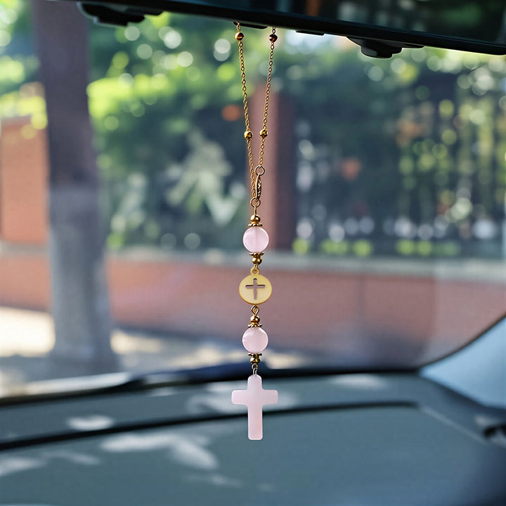 Christianartworkshop Natural Crystal Cross Car Pendant with Gold Bead Chain: A Sacred Accompaniment for Every Drive - image 4