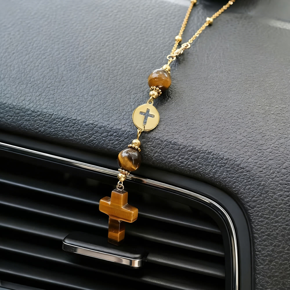 Christianartworkshop Natural Crystal Cross Car Pendant with Gold Bead Chain: A Sacred Accompaniment for Every Drive - image 1