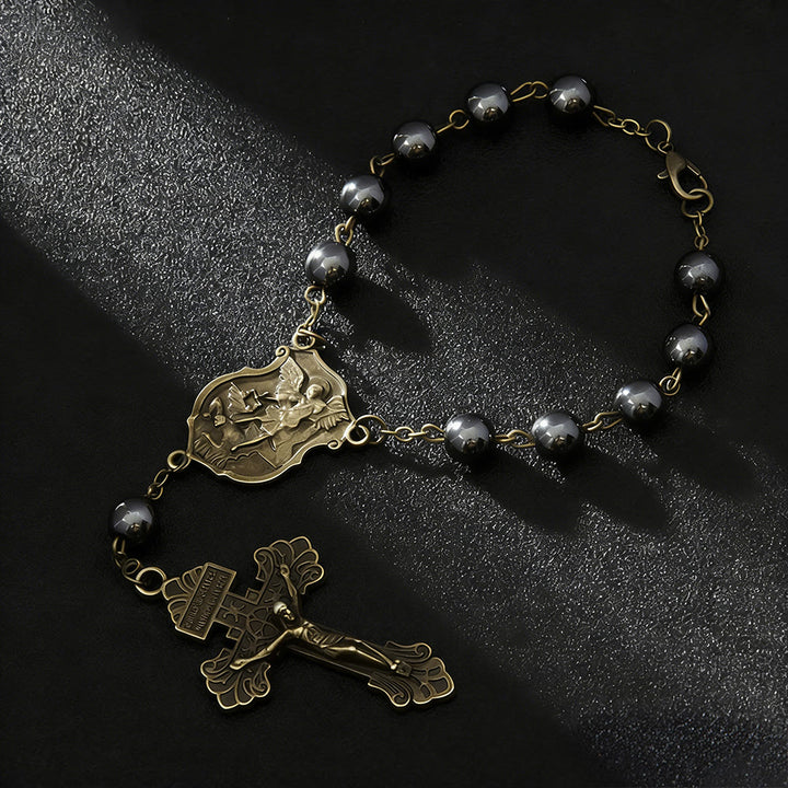 Christianartworkshop Hematite Bead Car Pendant with St. Michael Medal & Crucifix: A Gift of Heavenly Protection & Strength - image 2