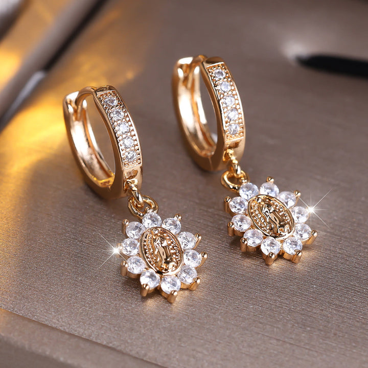 Christianartworkshop Our Lady Zircon Halo Huggie Earrings with Sunburst Medallion - image 3