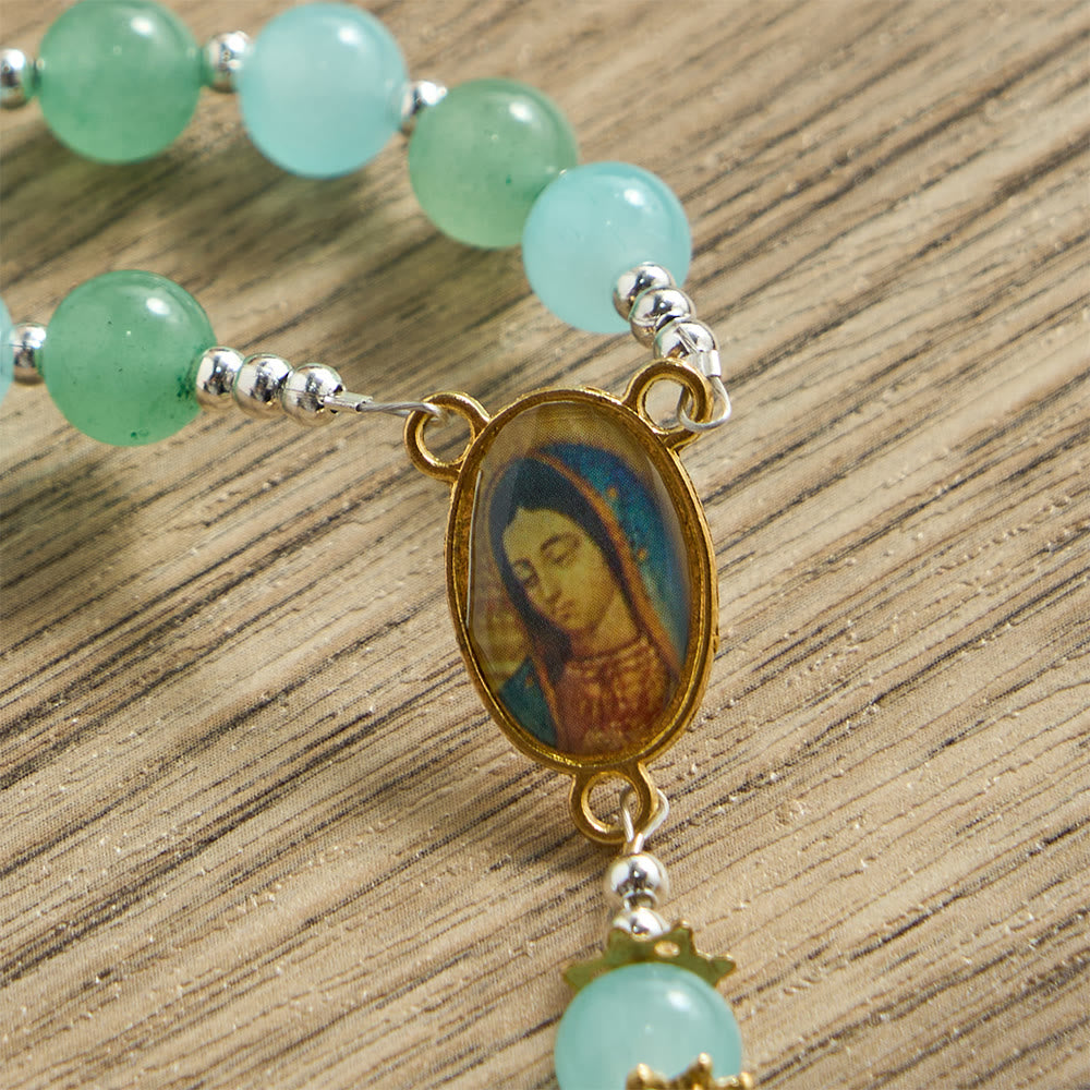 Christianartworkshop Aventurine & Aquamarine-Hued Glass Rosary with Our Lady Medal & Ornate Crucifix - image 6