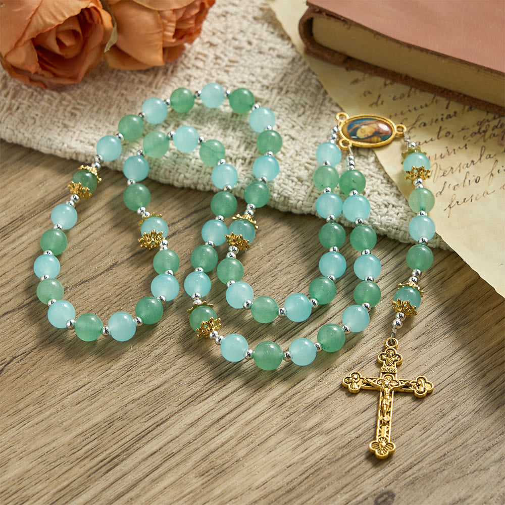 Christianartworkshop Aventurine & Aquamarine-Hued Glass Rosary with Our Lady Medal & Ornate Crucifix - image 3