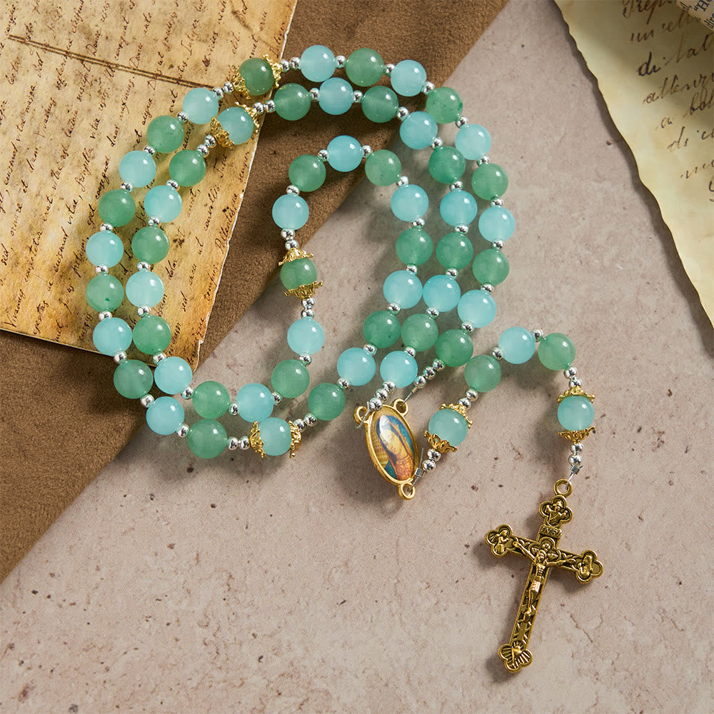 Christianartworkshop Aventurine & Aquamarine-Hued Glass Rosary with Our Lady Medal & Ornate Crucifix - image 2