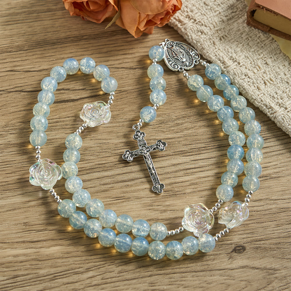 Christianartworkshop Pink Glass Bead Rosary with Rose Embellishments & Miraculous Medal - Blue - image 8