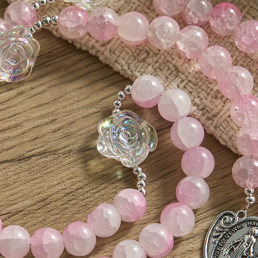 Christianartworkshop Pink Glass Bead Rosary with Rose Embellishments & Miraculous Medal - image 5