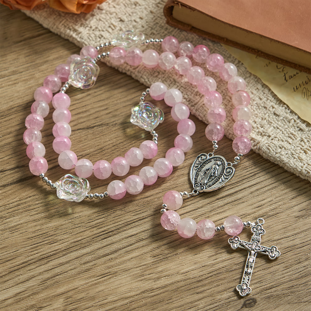 Christianartworkshop Pale Green Glass Bead Rosary with Rose Embellishments & Miraculous Medal - Pink - image 8