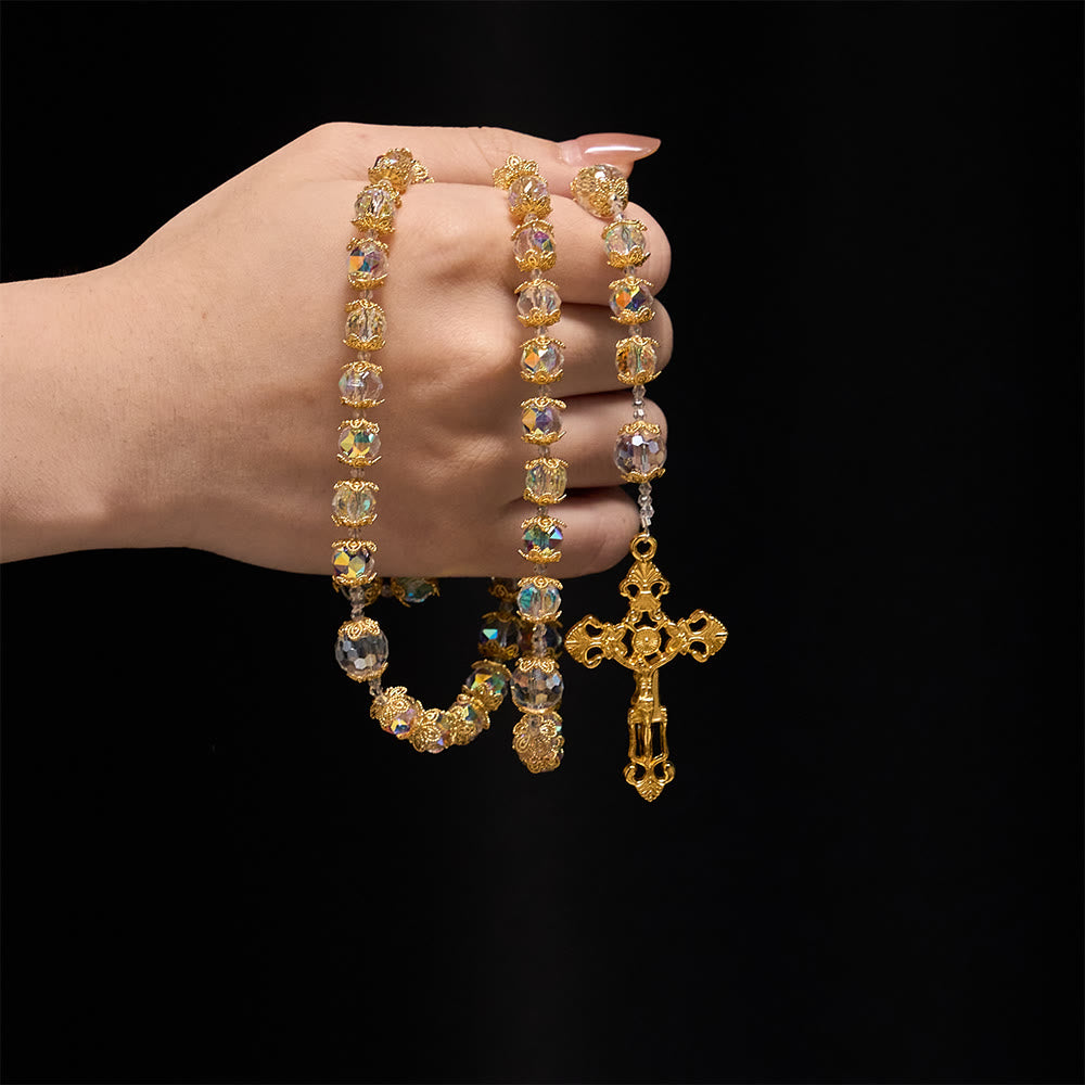Christianartworkshop Iridescent Faceted Glass Rosary with Our Lady Medal & Golden Crucifix - image 1