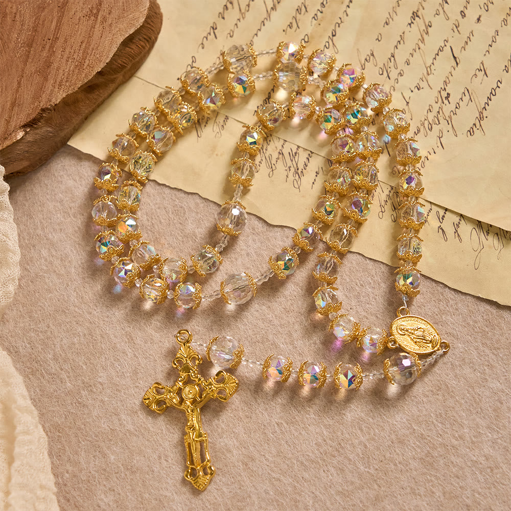 Christianartworkshop Iridescent Faceted Glass Rosary with Our Lady Medal & Golden Crucifix - Our Lady & Crucifix - image 0