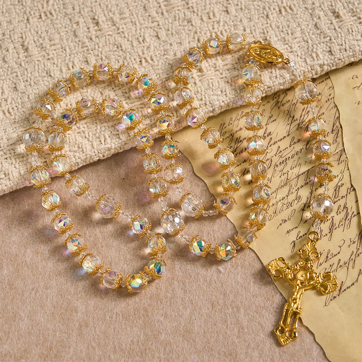 Christianartworkshop Iridescent Faceted Glass Rosary with Our Lady Medal & Golden Crucifix - image 2