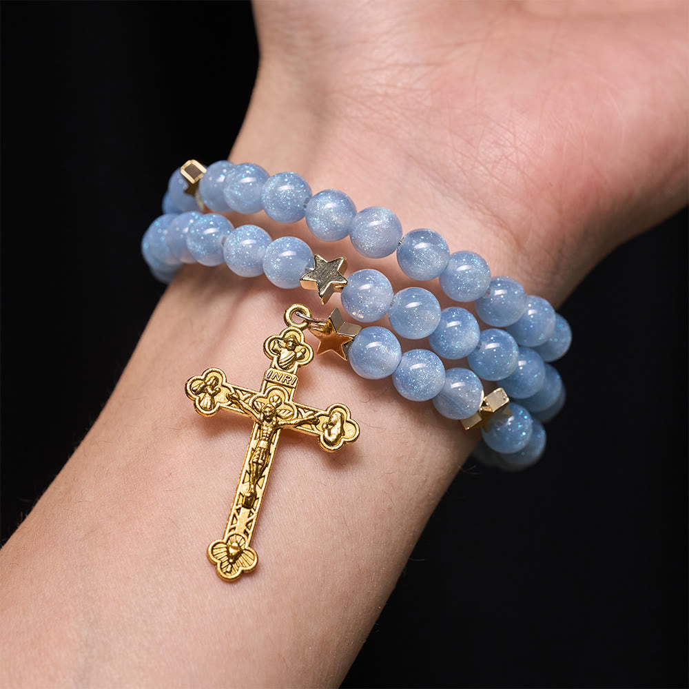 Christianartworkshop Blue Glass Bead Wrap Bracelet with Star Spacers & Golden Crucifix - image 1