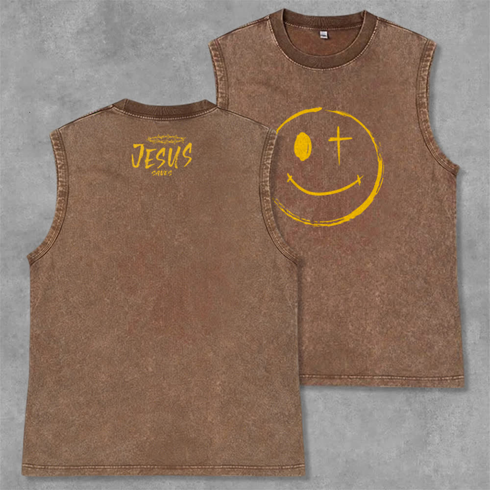 Christianartworkshop Smiley Face Jesus Saves Unisex Washed Tank Top - Brown - 2XL - image 0