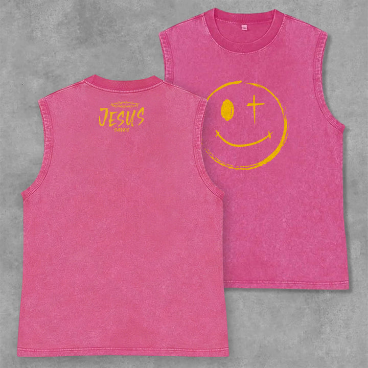 Christianartworkshop Smiley Face Jesus Saves Unisex Washed Tank Top - Pink - 2XL - image 28