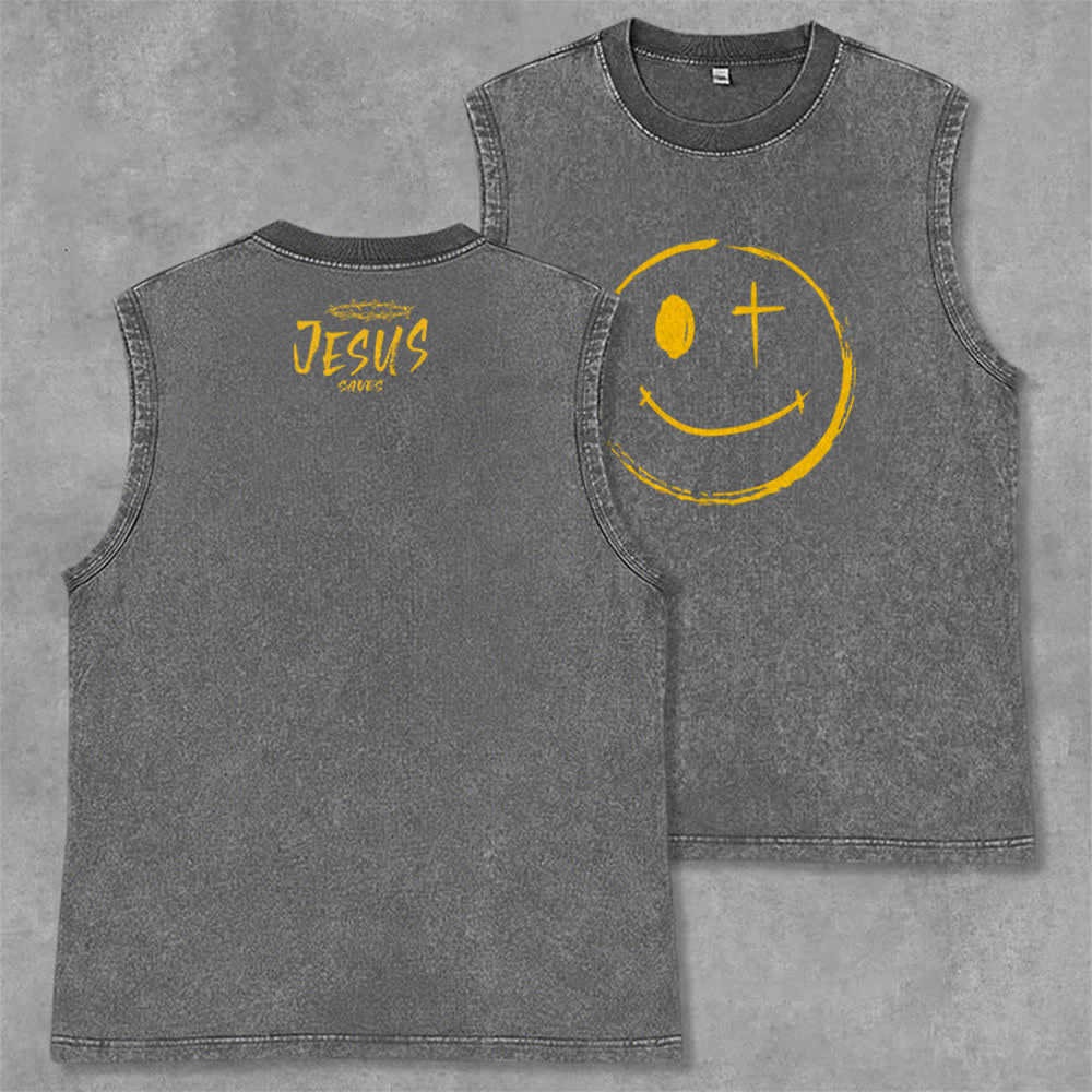 Christianartworkshop Smiley Face Jesus Saves Unisex Washed Tank Top - Grey - 2XL - image 14